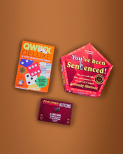 Load image into Gallery viewer, used board game bundle with qwixx deluce, you've been sentenced, and exploding kittens