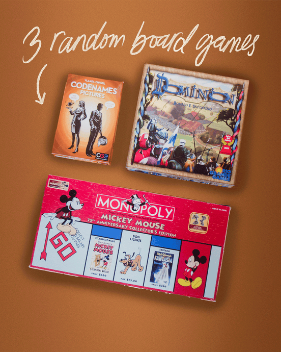 used board game bundle with code names, dominion and a vintage mickey mouse monopoly
